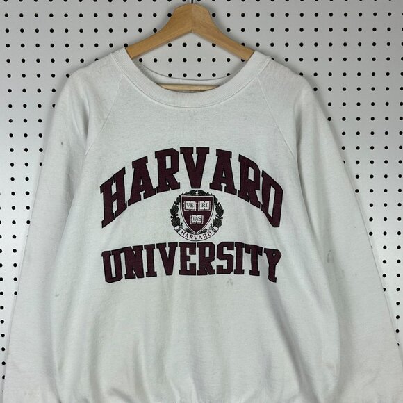 Harvard University 90s Crewneck Large White Crimson Graphic Crest Sweatshirt - Picture 2 of 7